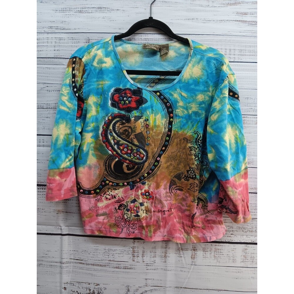 Jane Ashley Blouse Top Women's Size 1X Knit 3/4 Sleeve Parsley artsy